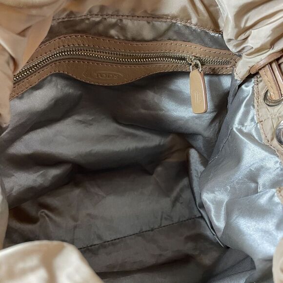 TODS Shoulder Bag Brown Nylon Leather Trimmed 3 Exterior Zip Pockets Tote - Picture 11 of 12